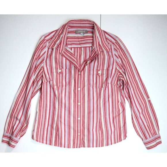 WOEN'S RED STRIPED LONG SLEEVE BUTTON-UP TOP - CROFT & BARROW - SIZE L - Picture 1 of 4